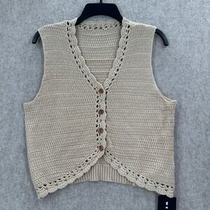 NWT WEST FADE Beige Crochet Knit Button Front Vest Women Small‎ V Neck Boho